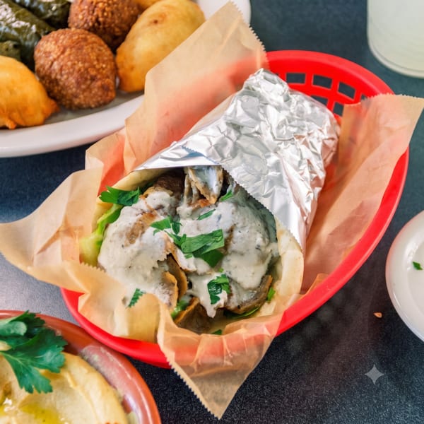 A gyro with white sauce and herbs in a red basket, with fried appetizers and hummus in the background.