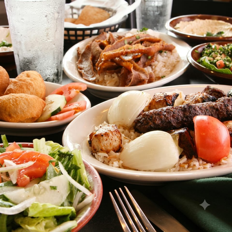 A table filled with various Middle Eastern dishes including kebabs, shawarma, rice, salads, and fried dough.