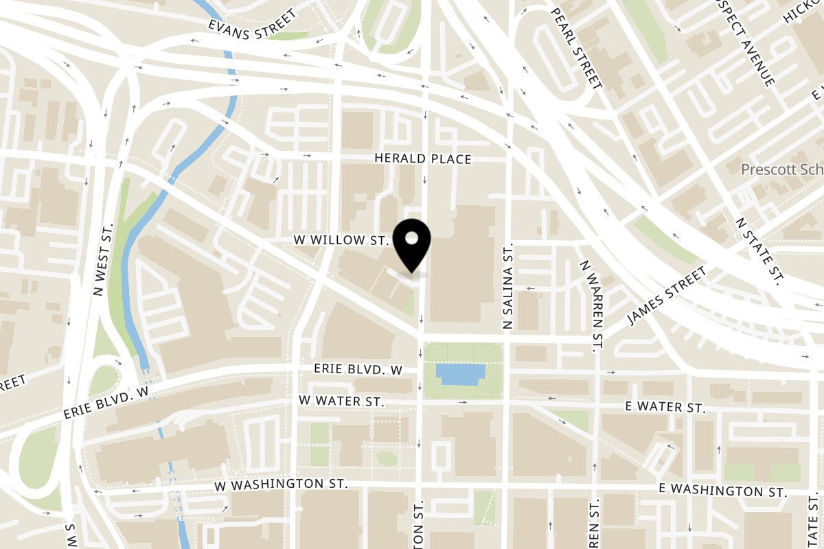 Map showing the location of Byblos Mediterranean Cafe on 223 N Clinton St in Syracuse